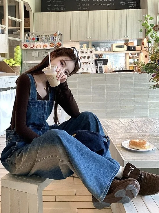 American Retro Denim Overalls Women's Spring Autumn New Heavy adient Lazy Loose Wide Leg Workwear Overall Pants