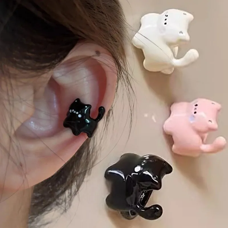 رائعتين أسود بيج وردي القط الأذن الكفة ثلاثية الأبعاد سبيكة كليب على القرط Kawaii الكرتون مجوهرات هدية لطيف النساء الفتيات الأذن اكسسوارات