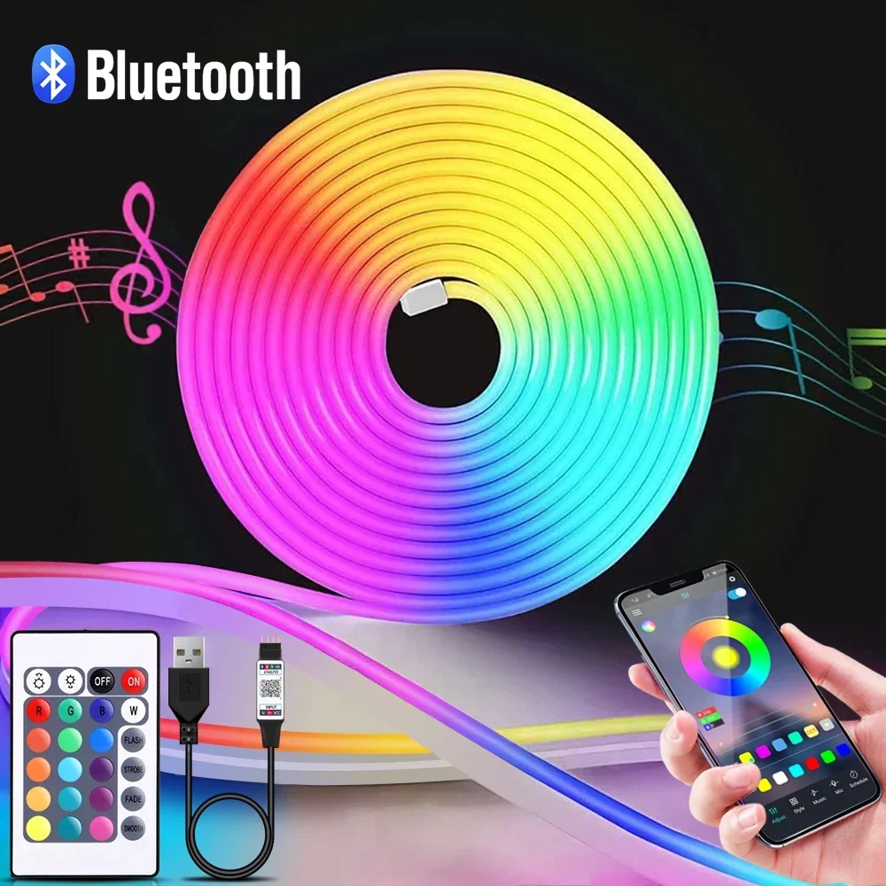 Smart RGB Neon Light 5V USB 1-5m Music Sync Dimmable LED Strip Bluetooth App Remote Silicone Rope Light for Gaming Room Decor