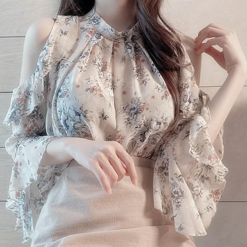 2025 Summer Off Shoulder Floral Blouses Blusas Fashion Women Loose Short Sleeve Top Chiffon Shirt Para Mujer Korean New 9930
