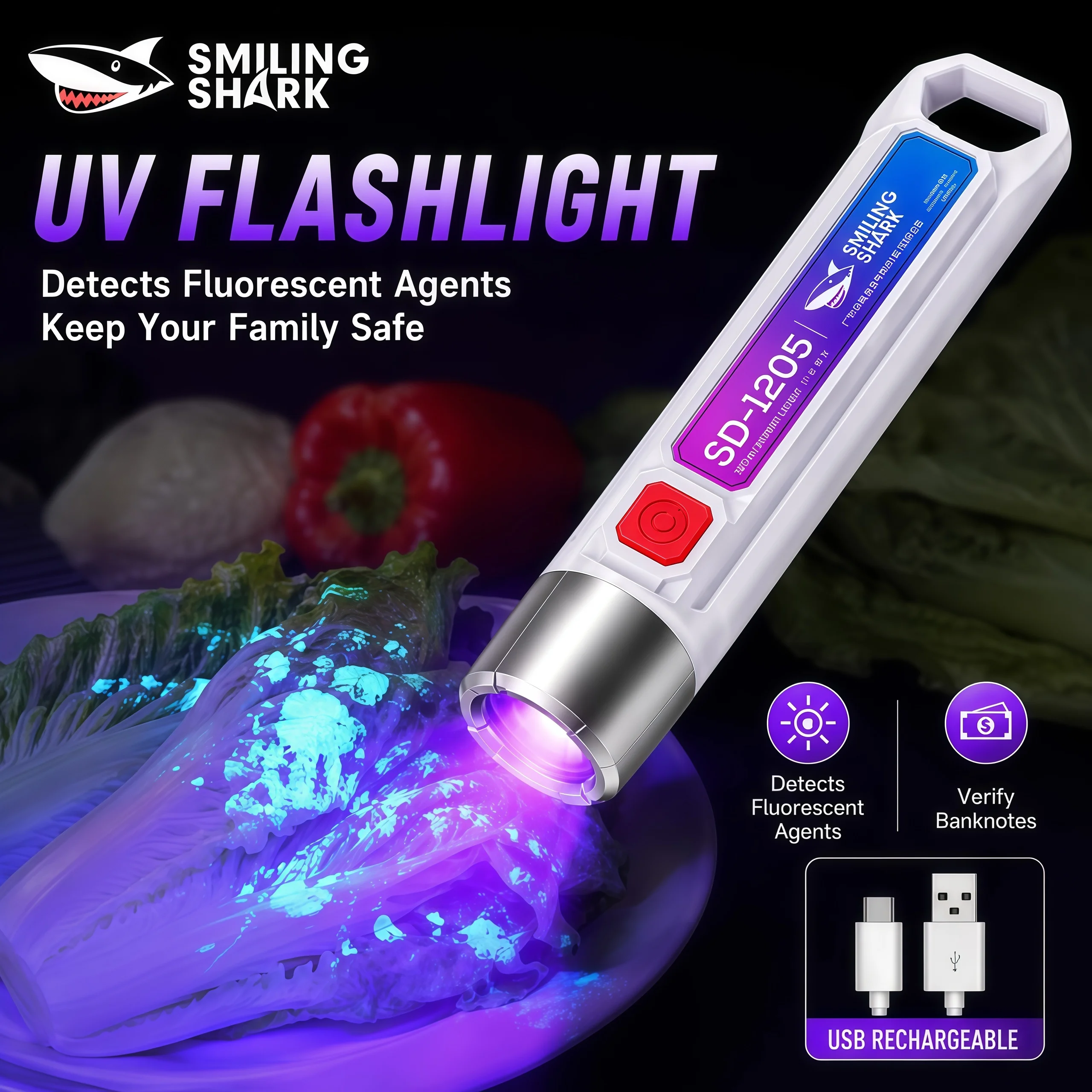SMILING SHARK Purple Light Flashlight UV Light 365nm Testing Torch Light Type c Rechargeable Fluorescent Agent Test Lamp SD1205