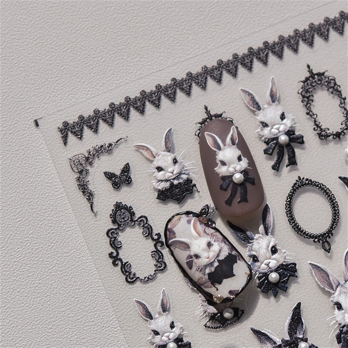 1pcs 5D Embossed Kawaii Dark Gothic Rabbit Nail Art Stickers Winter White Snow Design Christmas Decal DIY Manicure Decoration
