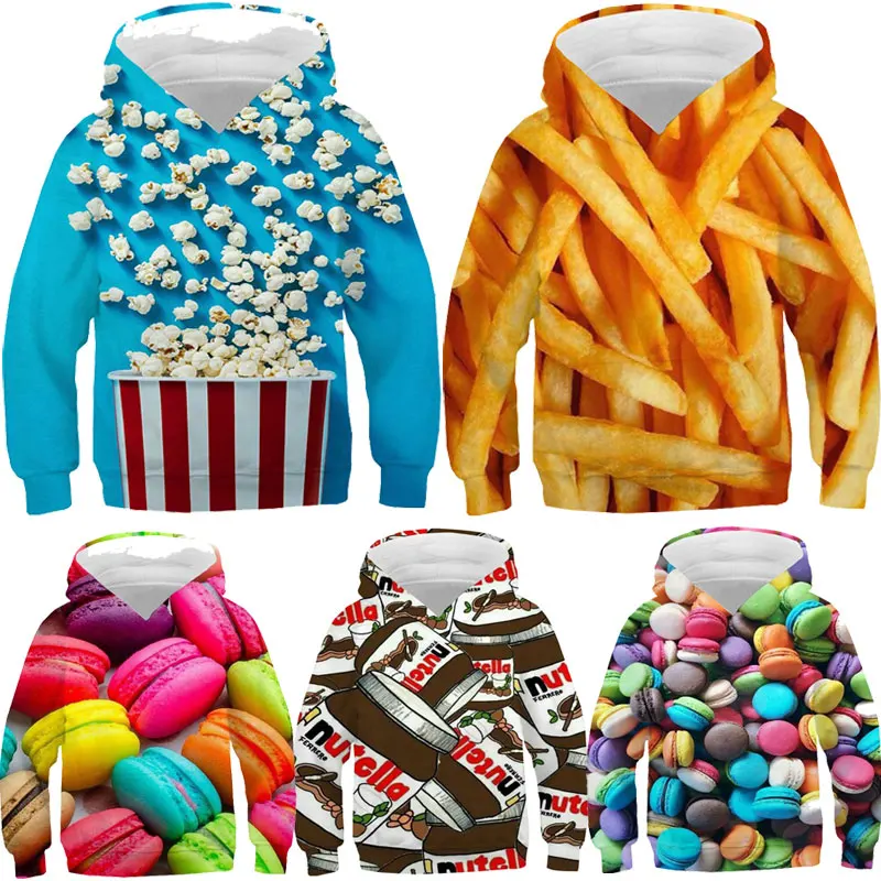 

3D Print Funny Food Tops Candy Macaron Girls Boys Hoodies Kids Hooded Sweatshirts Teens Clothes 2021 Children Nutella Pullovers