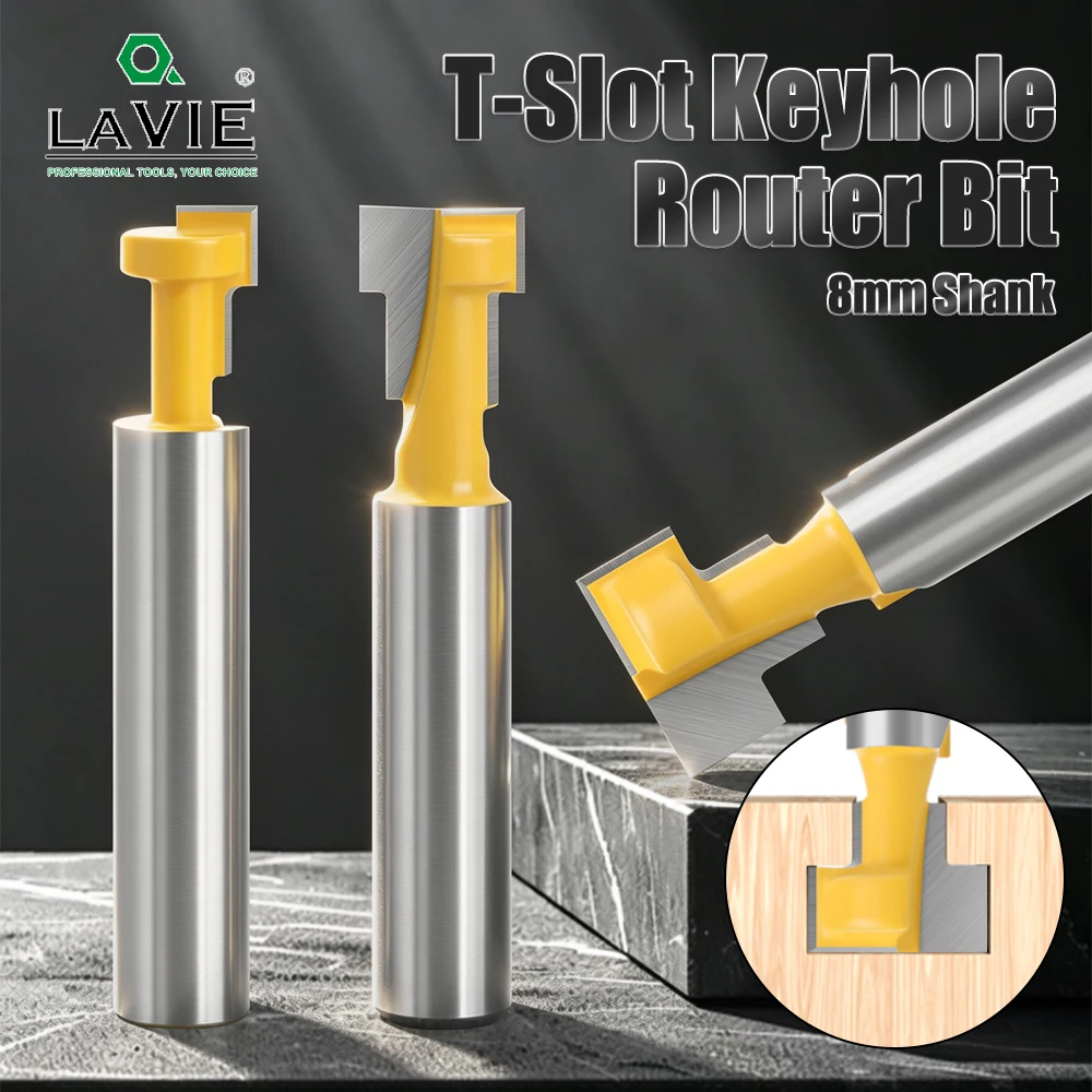 LAVIE 3Pcs 8mm Shank Keyhole Router Bit Set 1/2 3/8 5/16 Inch T Slot Cutter For Woodworking Hanging Tool C08142T3AY