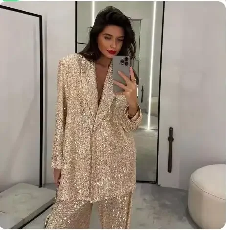 Casual Sequin Jackets Pants Set Women Golden Long Sleeve Lapel Button Wide Leg Pant Autumn Lady Suit Urban Street Loose Sets