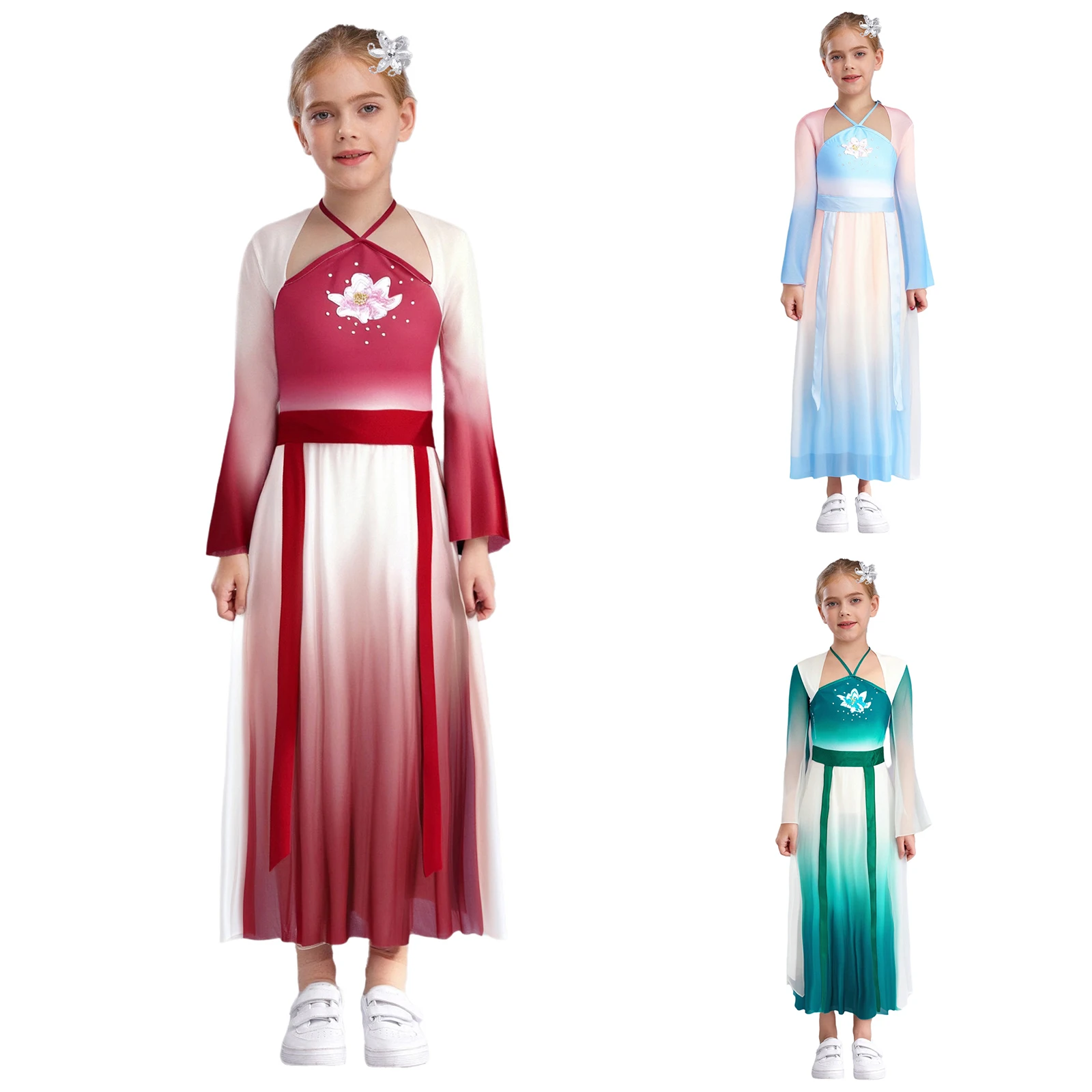 

4Pcs/Set Classical Dance Performance Costume Wide Leg Pants Belt Shiny Sequins Headgear Suit Flared Sleeve Mesh Chiffon Dress