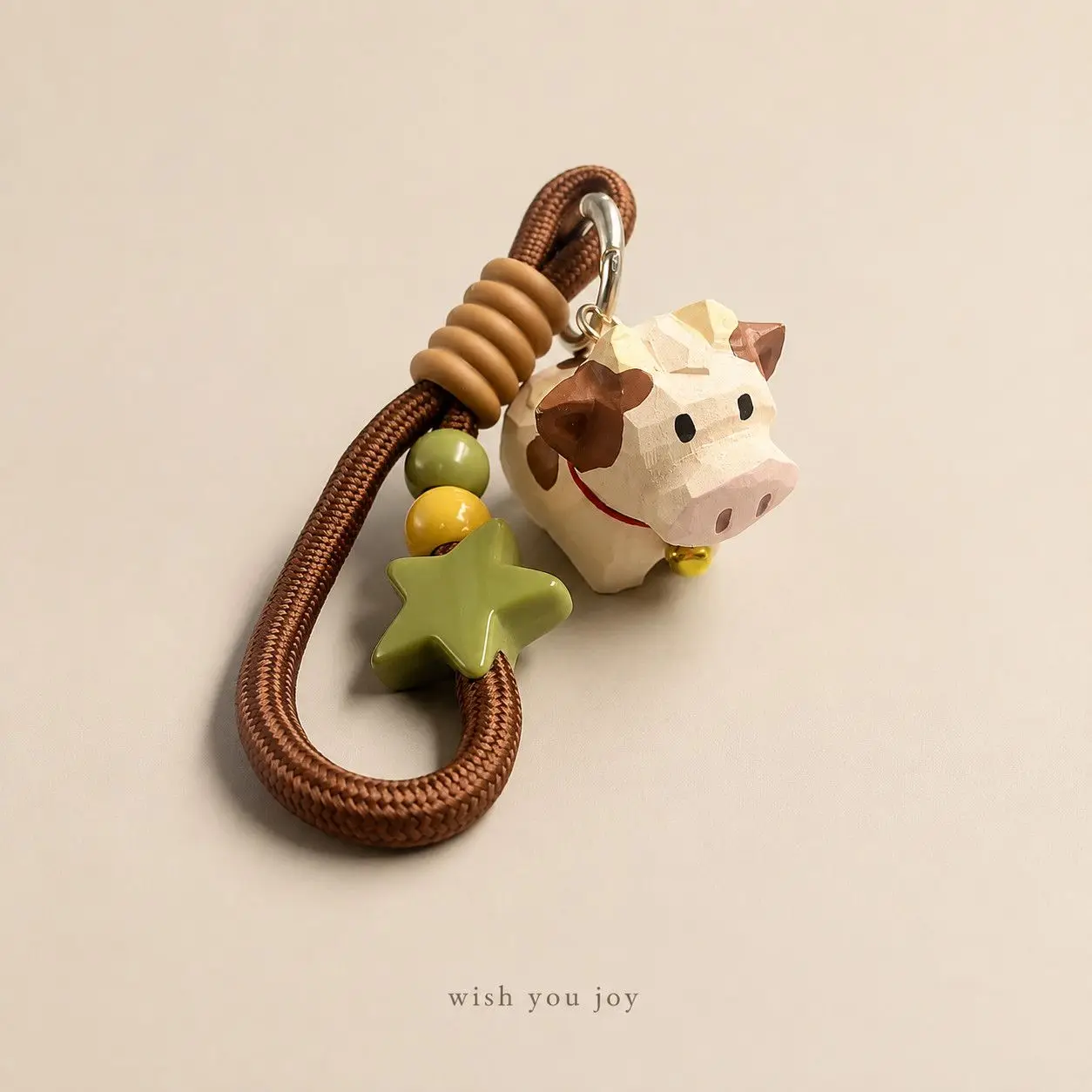 Handmade wood carved calf keychain, original car key phone charm cute cartoon birthday gift for couples soft unique.