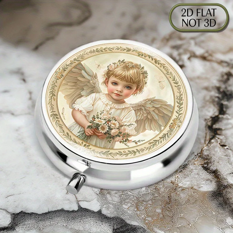 1pc flat portable round metal pill box, featuring a painting of an angel baby holding flowers, ideal for home and car decoration or as a thank-you gift, a perfect choice for storing medication, vitamins, or for multi-purpose storage, this adorable item
