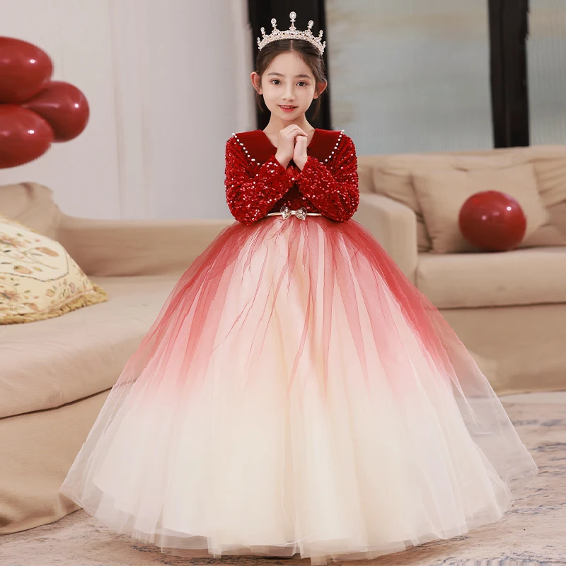 

Girls Dress Burgundy velvet long sleeves floor length girls birthday princess dress fluffy yarn