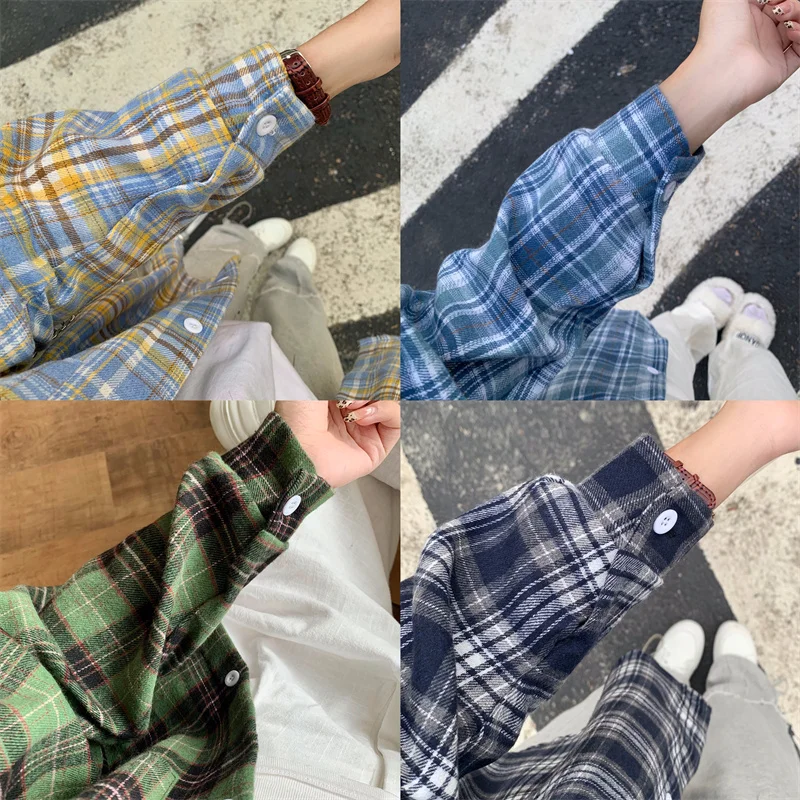 Frühling Sommer 2026 Kariertes Hemd Frauen Langarm Button-Down-Bluse mit Tasche Schulmädchen Lose Karo Shirts Casual Weenkend