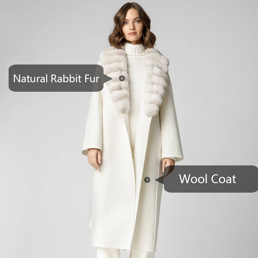 Women Wool Coats Winter Real Rabbit Fur Collar Coat Women New Cashmere Wool Long Coat Luxury High Quality