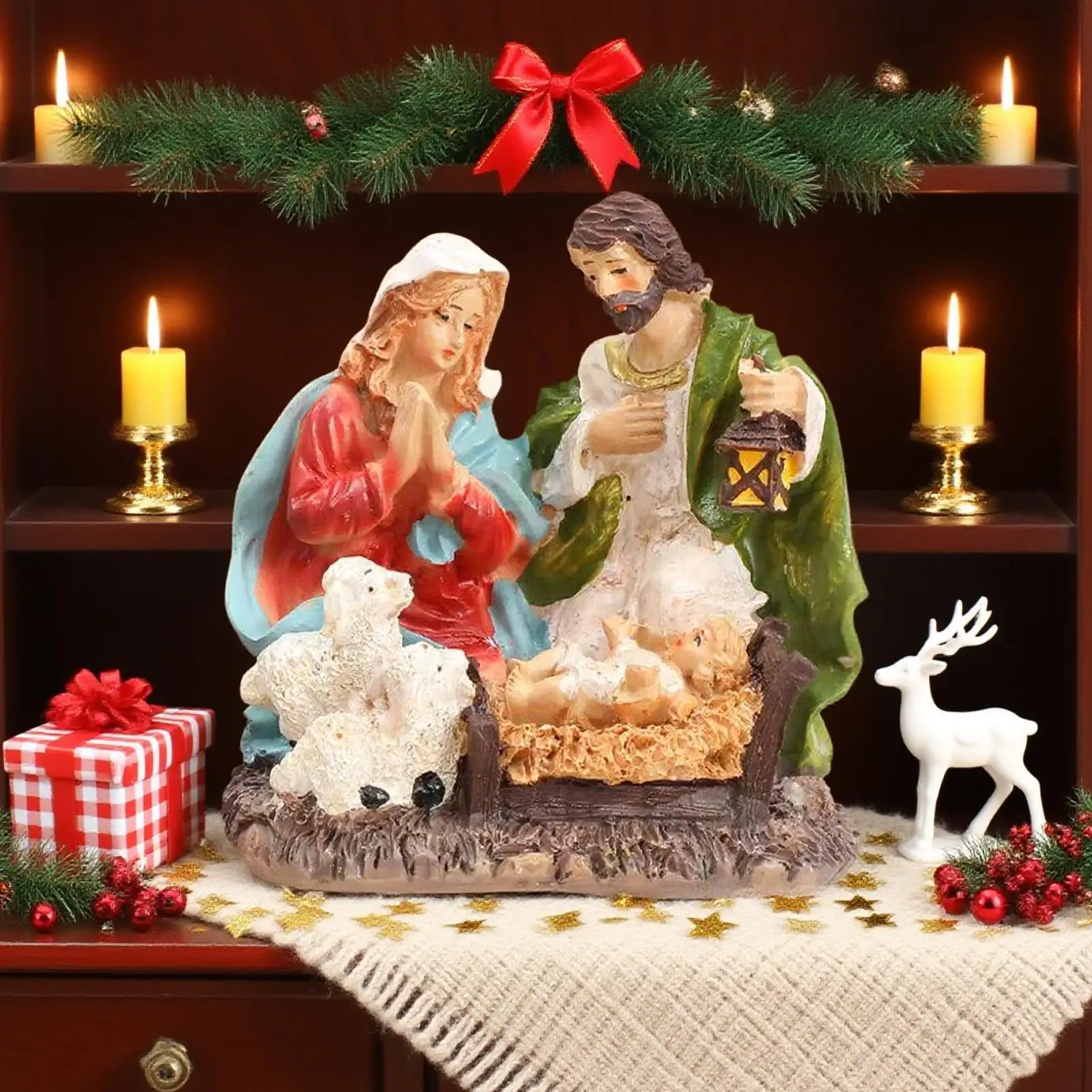 عيد الميلاد الديكور ثلاثة الأسرة تمثال يسوع زخرفة مشهد المهد يسوع تمثال الأسرة المقدسة تمثال يسوع تمثال الحرفية #4