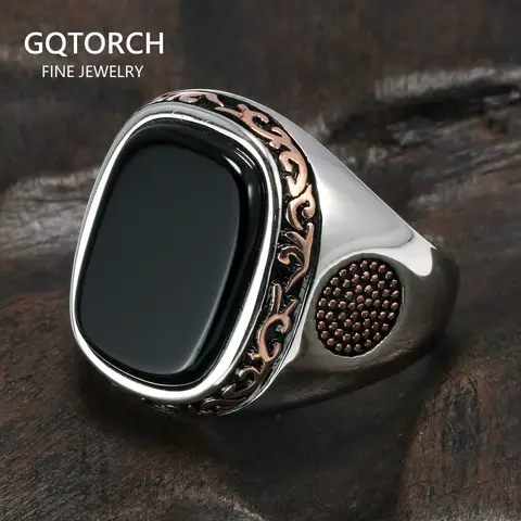Men's Silver Onyx Ring Retro Style GQTorch