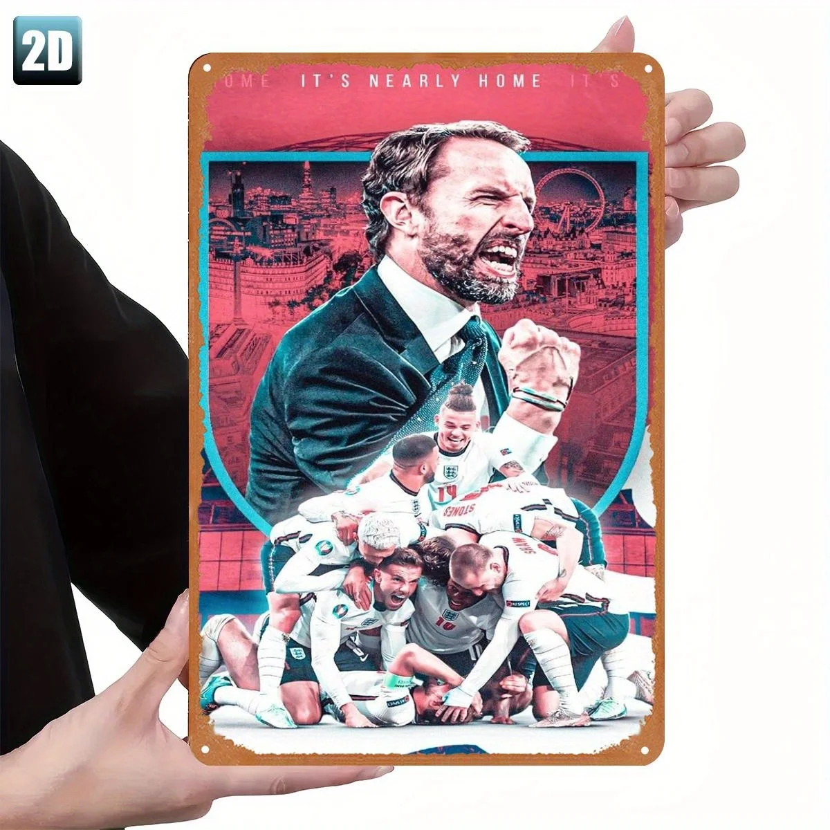 Victory Celebration: England Football Team & Manager Metal Tin Sign -  Iron Wall Art with Vibrant Player Silhouette, Red & Bla