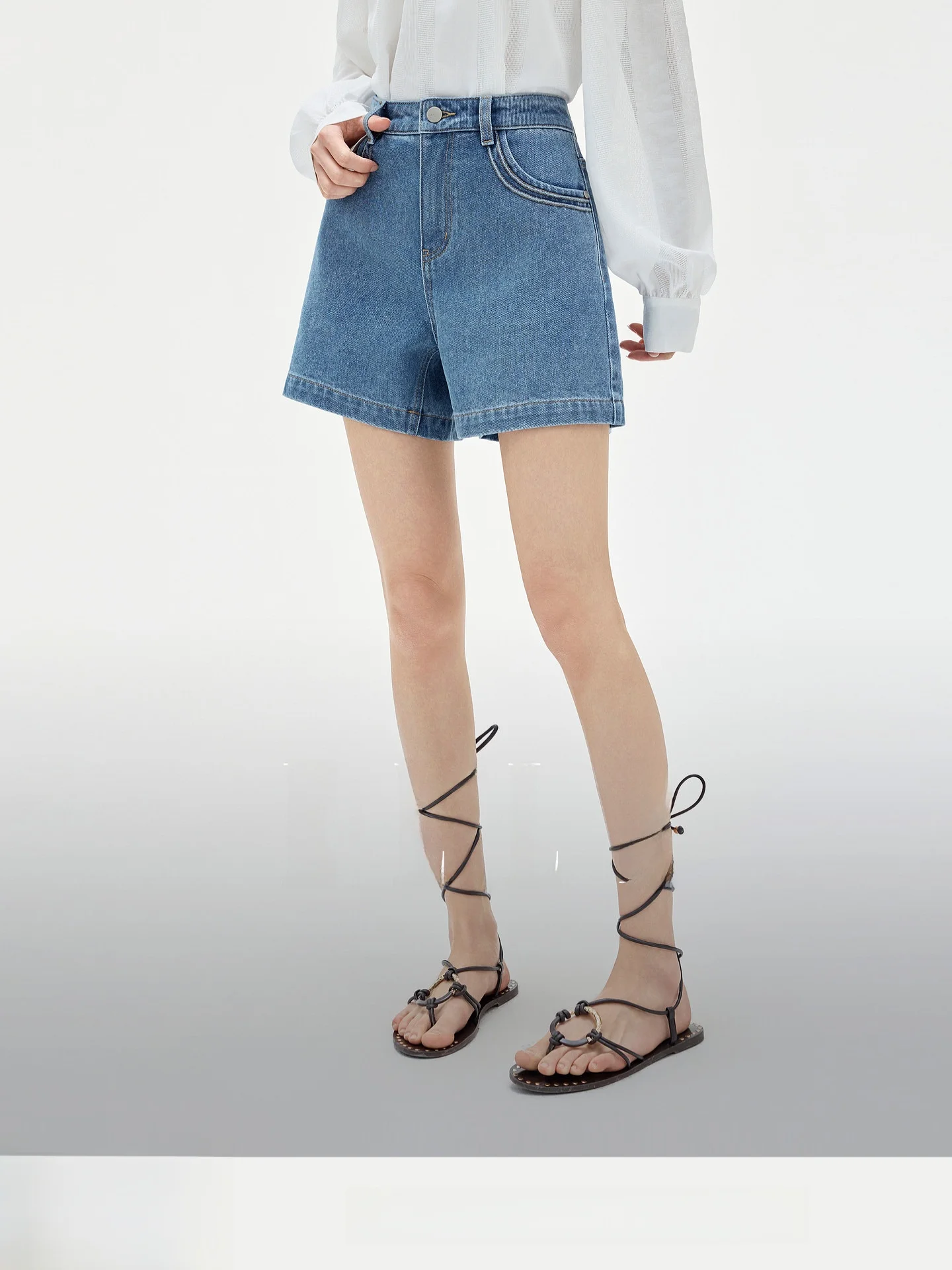 

Elle Retro Blue Denim High Waist Straight Leg Short Pants Women's Summer New Style Commute Cotton Blend Soft Fabric Pure Color