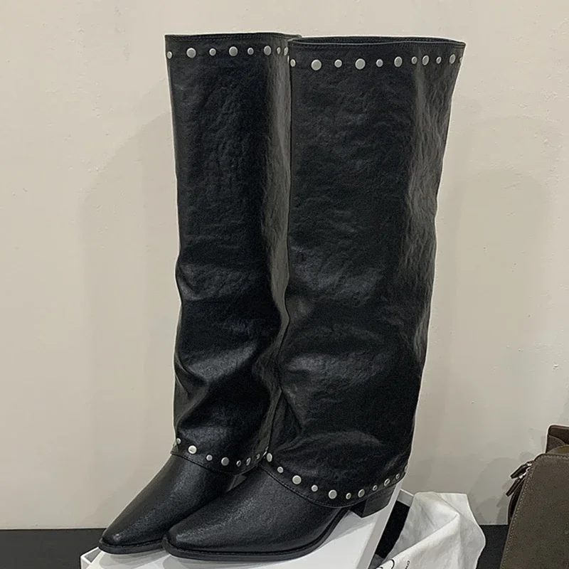 

Aneikeh Punk Rivet Splicing Autumn Winter Pointed Toe Fashion Design Woman Knee-High Boots Square Heels Party Female Shoes