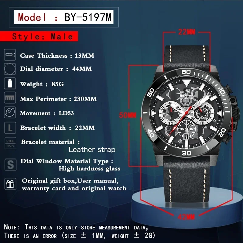 2026 New BENYAR Men's Quartz Watch Sapphire Chronograph Waterproof Clock Leather Simple Relogio Masculino Watches BY5197