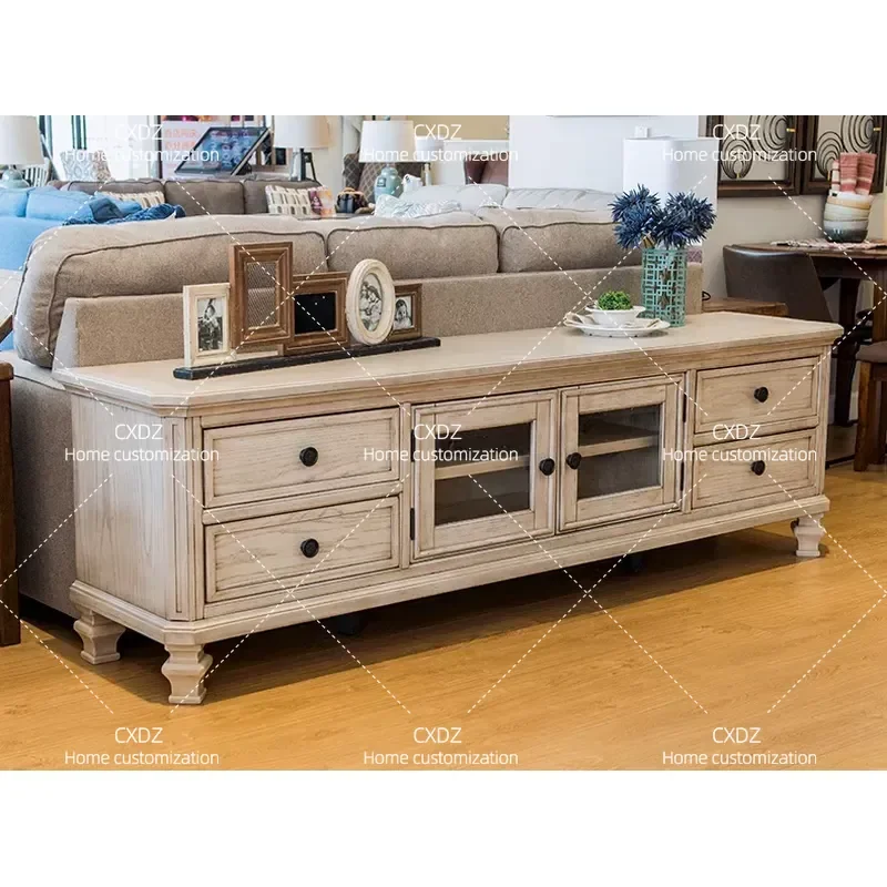 Rural Retro White Old TV Cabinet Coffee Table Combination Solid Wood Audio Visual Cabinet