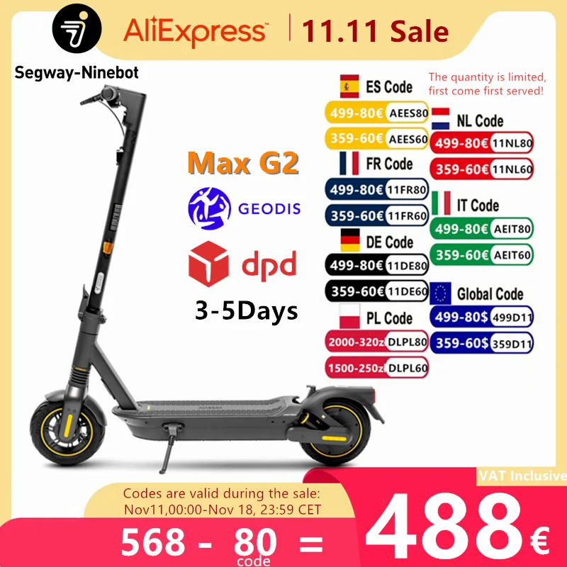 EU Stock Ninebot By Segway Max G2 Smart Electric Scooter 35KM/H Max Speed 70KM Range 450W Motor Original G2 Kickscooter