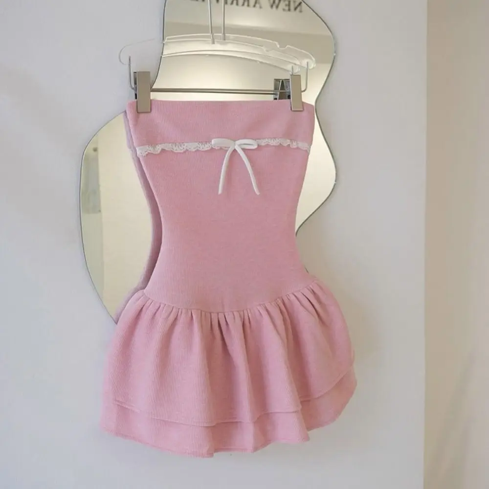 Strik Strapless Jurk Mode Stiksel Ruche Tube Jurk Slanke Taille Contrast Kleur Korte Rok