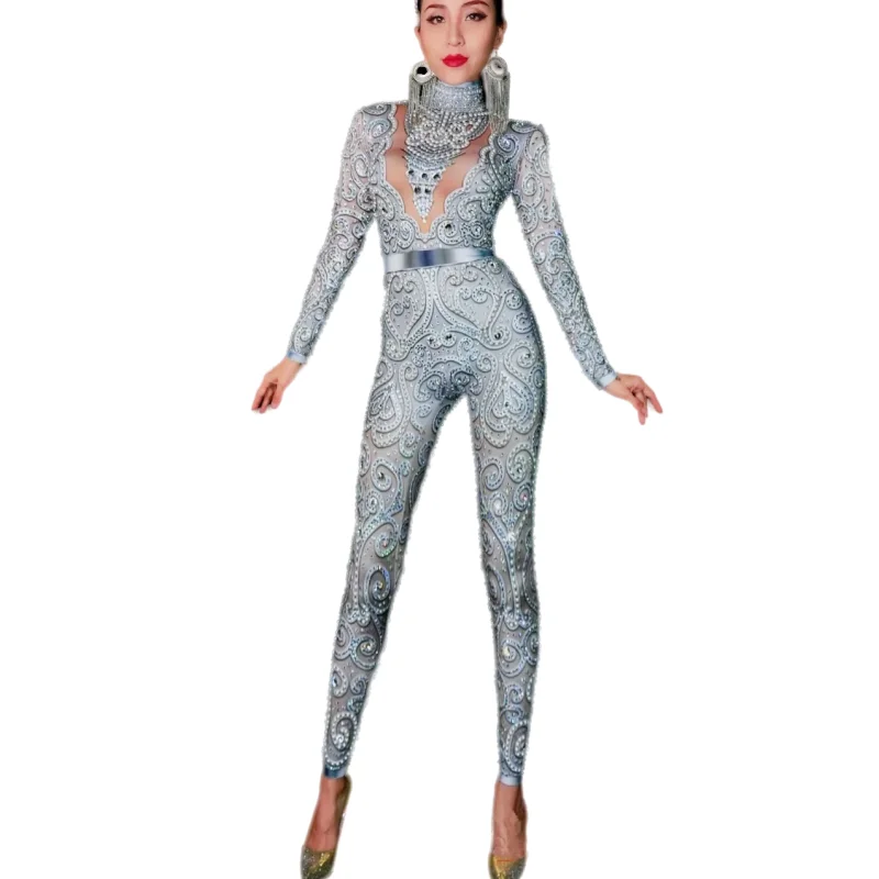 

Gold Yellow Crystals Pearl Jumpsuit Sexy Skinny Silver Gray Rhinestones Bodysuit Women DJ Bar Singer Catwalk Party Stage Costume