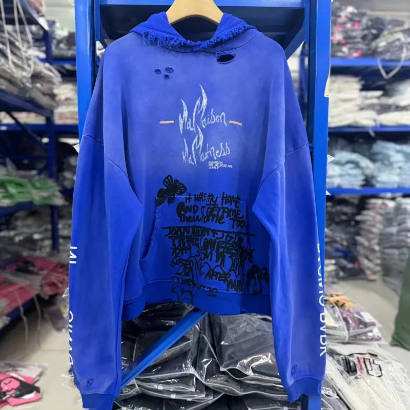Graffiti Print Hoodie Men Blue Distressed Ripped Washed Butterfly Letter Frayed Pullover Y2K Autumn Winter Top