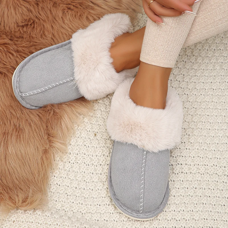 Rimocy-Pantoufles Chaudes en Peluche pour Femme, Chaussures de Couple en Fausse Fourrure Fermée, Mules Plates Légères en Coton, Hiver 2024