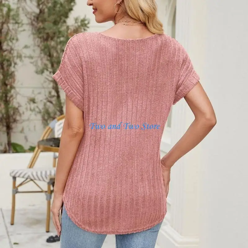 HX6F Women Textured Shirts Fall Sweaters Loose Fit Short Sleeve  TopsDressy Casual Business Blouses