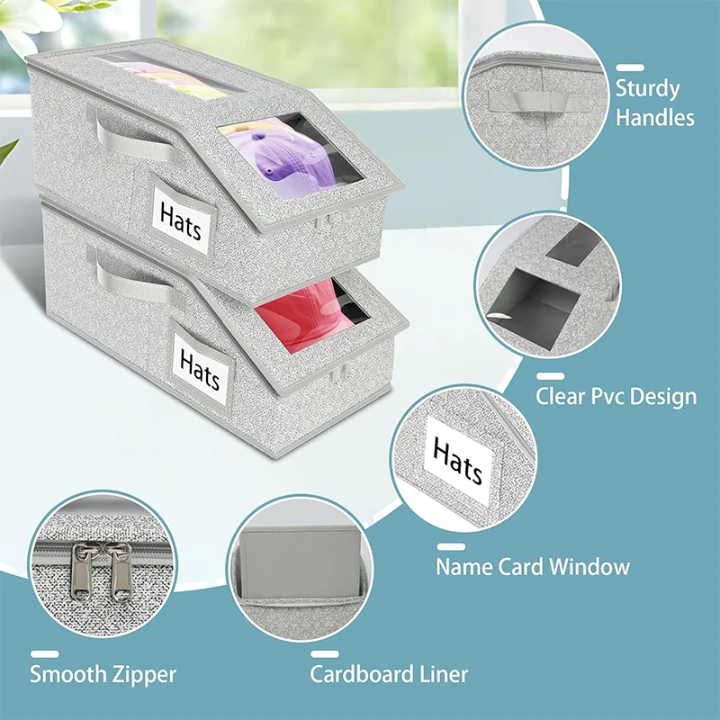 1 قطعة منظم قبعة كبيرة جدًا لقبعات البيسبول صندوق تخزين منظم قبعة بيسبول قابل للتكديس مع نوافذ شفافة مزدوجة JT529 #3