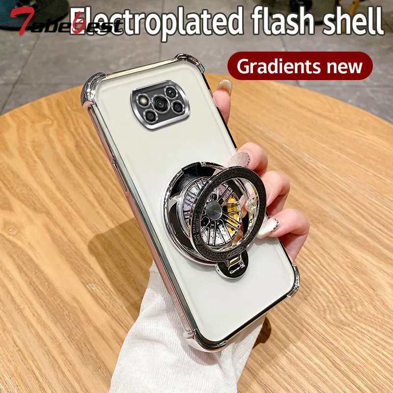 Glitter Shockproof Gradient Plating Gyro phone holder Case For Xiaomi POCO X3 NFC Pro Silicone Cover