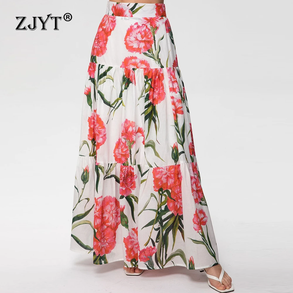 

ZJYT Summer Fashion 100% Cotton Long Skirts for Women 2025 Runway Fashion High Waist Floral Print Holiday Beach Aline Skirt Blue