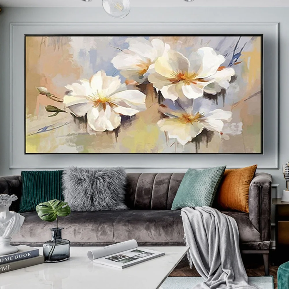 

pop white lotus Flower Canvas Paintings on The Wall Art Pictures Beautiful Art knife texture Flowers oil Painting Decor Wall