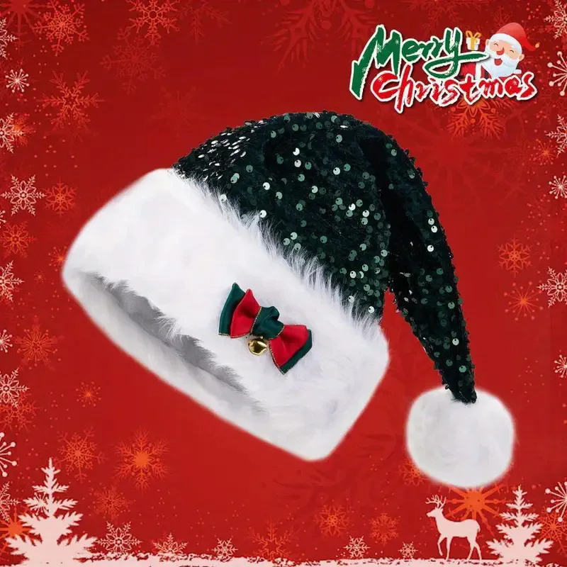 Weihnachtsmütze mit roten Pailletten und Schleifen-Design, warme dekorative Plüschmütze, weihnachtliche vergrößerte und verdickte langhaarige Mütze