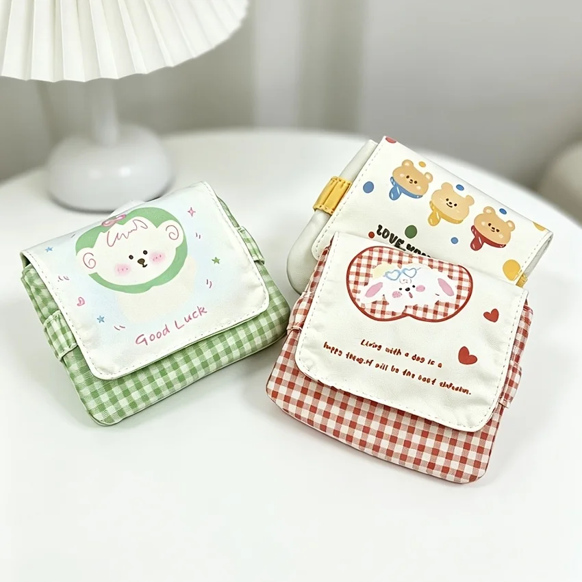 Women's Coin Purse, Multi-Purpose Cartoon Plaid Storage Bag, Portable Flip-Top Sanitary Napkin, Data Cable, Lipstick, Makeup Bag, Travel Essentials, Small and Cute Portable Handbag for Girls, Large Capacity Makeup Touch-Up Bag, Easy to Carry, Can Be Used as a Digital Bag