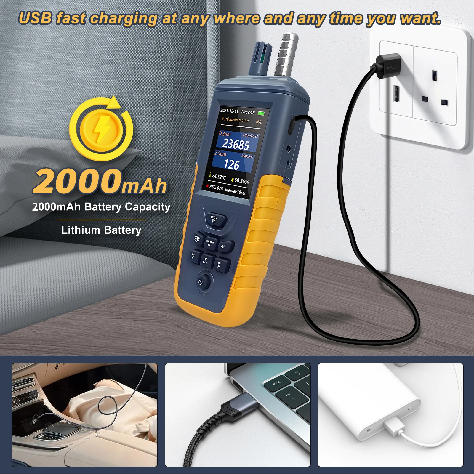 HoldPeak Dust Particle Counter 3-Channel PM2.5 PM10 Detector 0.3-10μm Air Quality Monitor 999 Data Logger TFT Temp Humidity