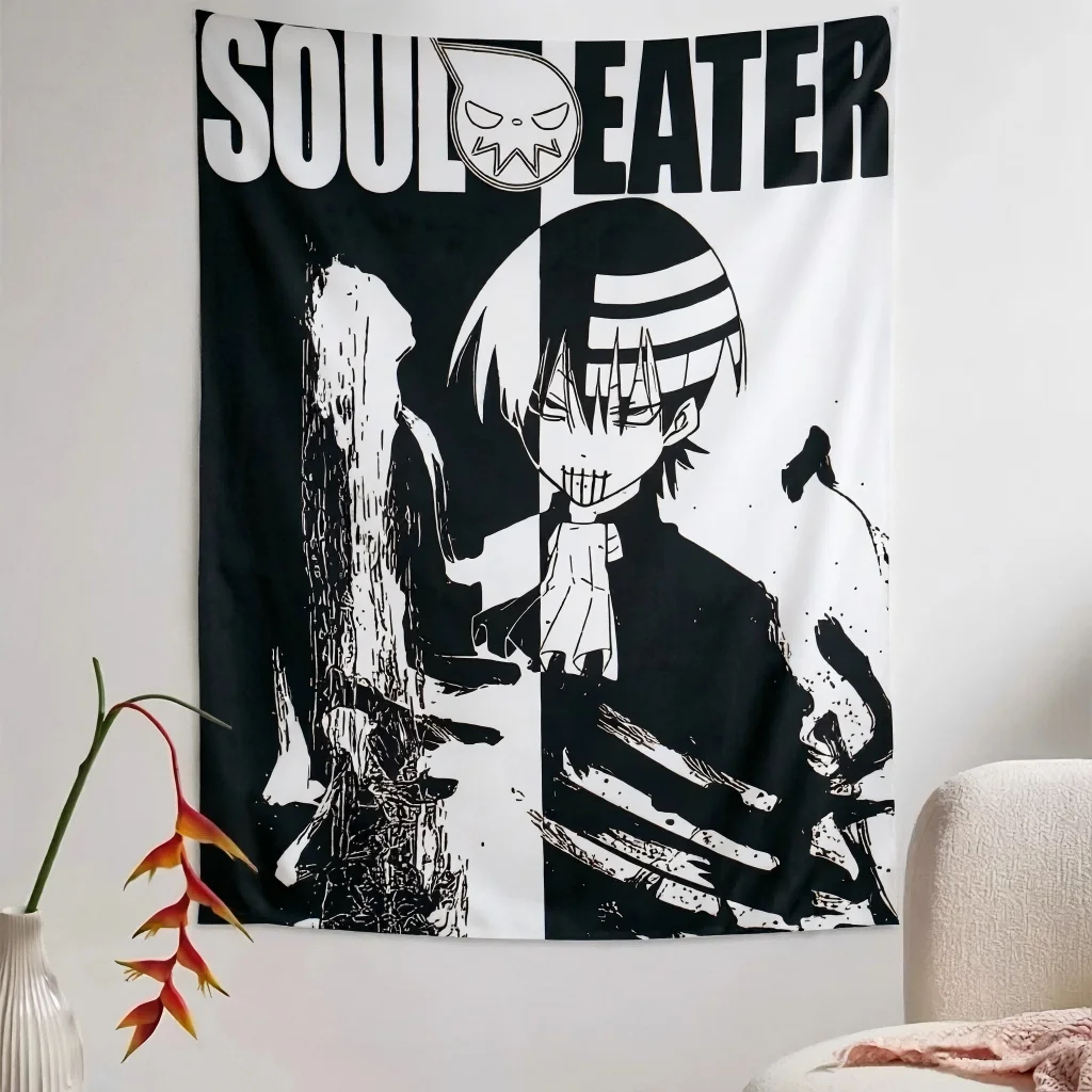 1pc Death The Kid Tapestry, Black & White Anime Wall Art, Trendy Dorm Bedroom Living Room Decoration Items