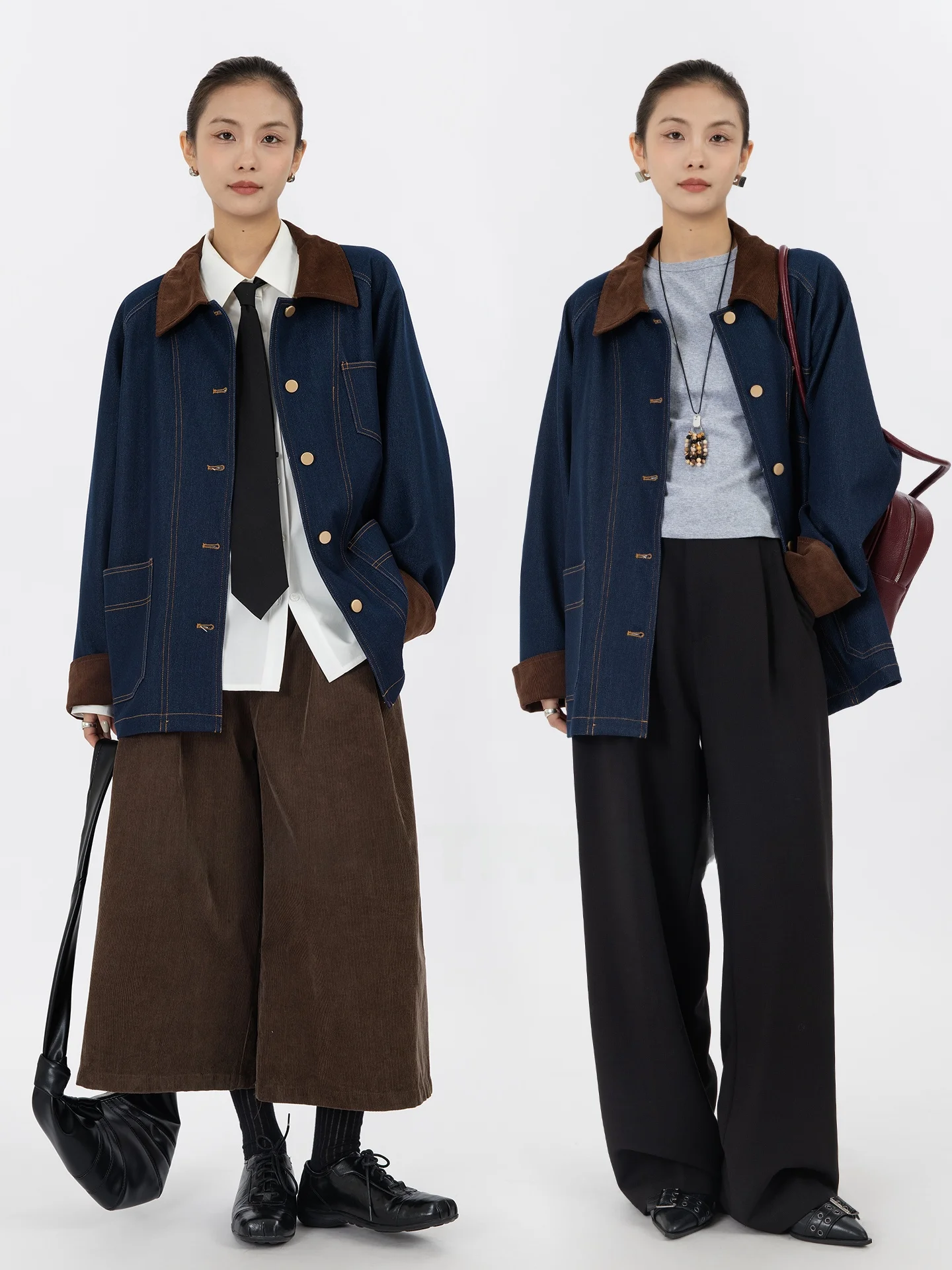 

Новый женский джинсовый топ свободного кроя с геометрическим узором, весна-осень, однотонный, с воротником-стойкой, хлопок, эластичный, свободный крой