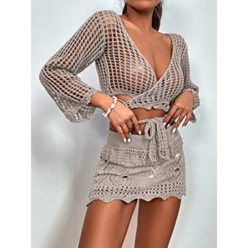 

Women Y2K Knitted Cover-up Long Sleeve Set Hollowed Out Tie-up Crop Top Mini Bodycon Skirt Beach Wear