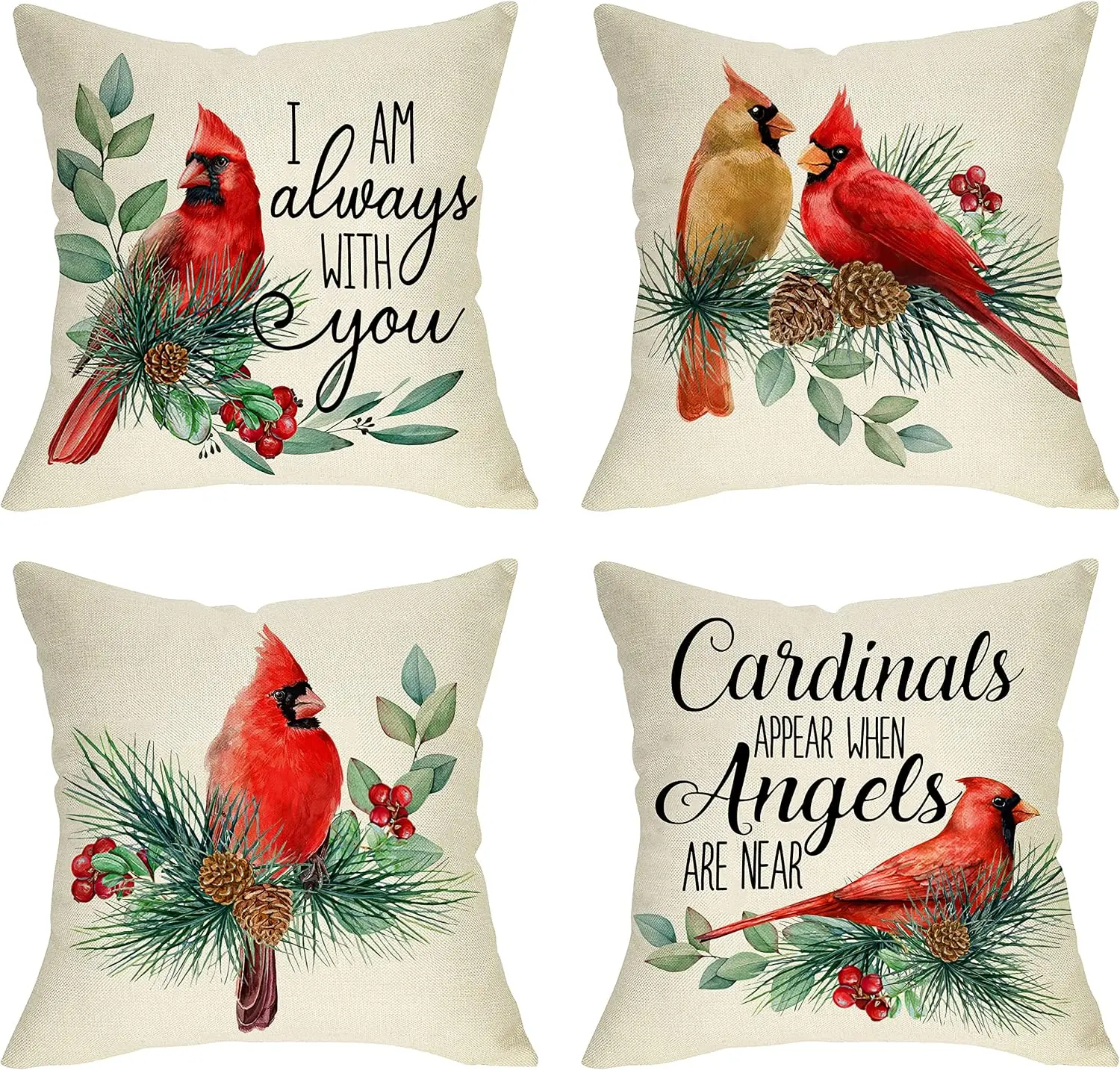 Christmas Set of 4 Double Sided Throw Pillow Covers Cardinal Red Birds Pine Cones Cushion Cases Decor for Couch Sofa