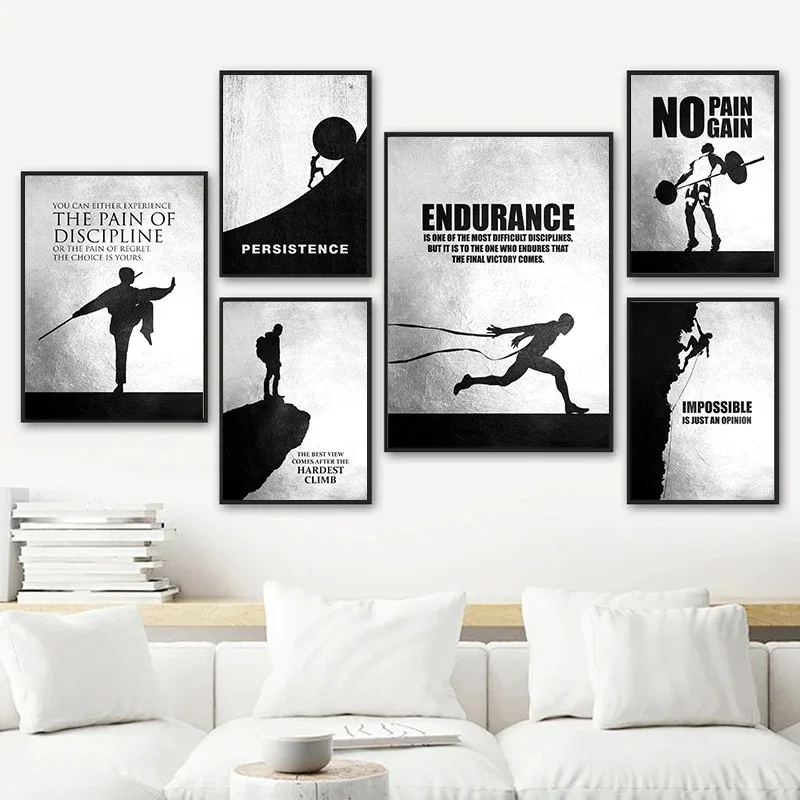 ملصقات تحفيزية للرياضة بالأبيض والأسود ، لوحة قماشية ، تسلق ، طباعة جدارية للجري ، صورة ، غرفة معيشة ، ديكور غرفة صالة ألعاب رياضية #1