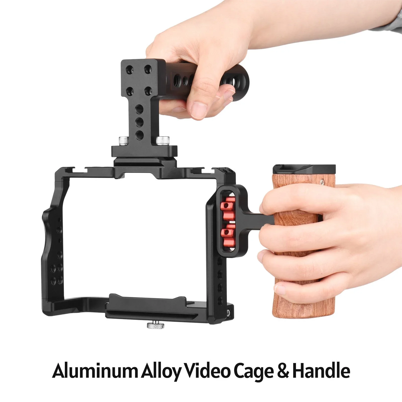 Camera Video Cage + Top Handle + Side Wooden Grip Kit Aluminum Alloy with Dual Cold Shoe Mounts for Sony A7IV/ A7III/ A7II/ A7R