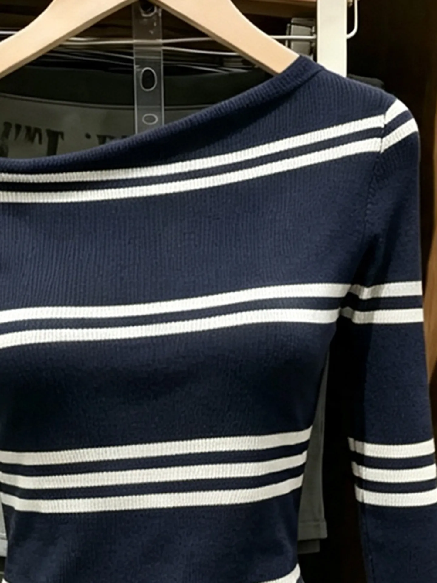 Slimming Effect Women's Long Sleeve T-Shirt Korean Style Commute Early Autumn Soft Wind Blue Stripes Hooded Knitted Top