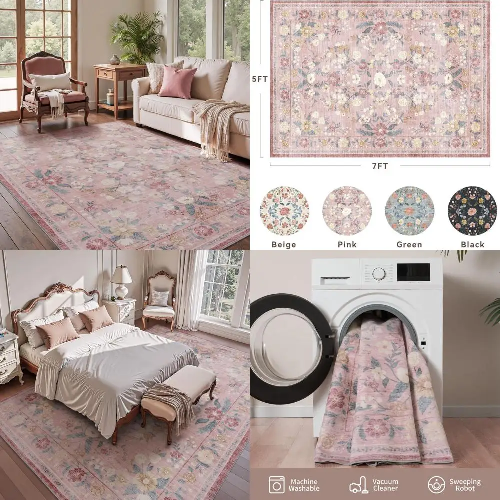 

Мягкий розовый ковер с цветочным принтом в стиле бохо 5x7, можно стирать в машине, нескользящий для гостиной, спальни, столовой