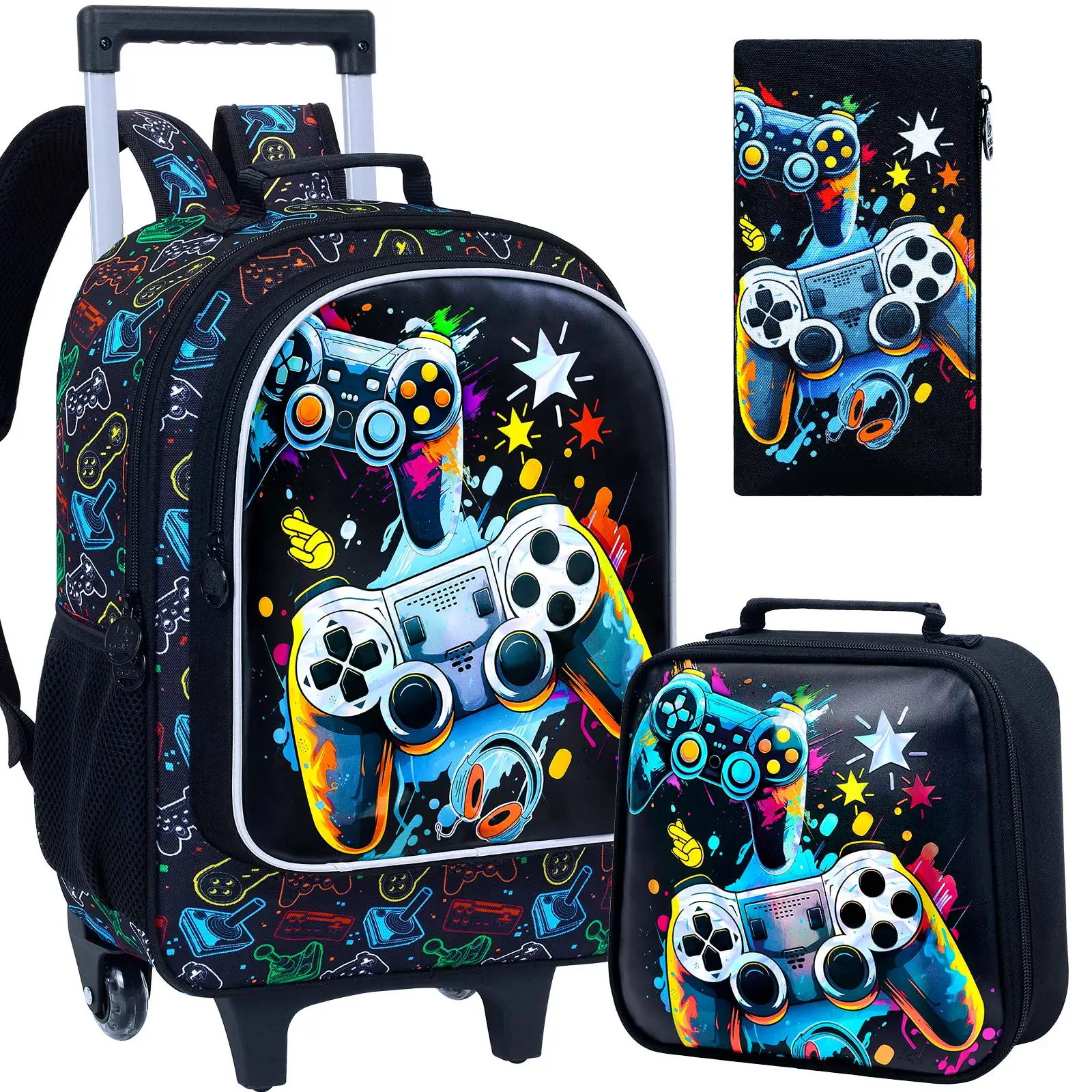 

Детская сумка для книг на роликах из 3 предметов с сумкой для обеда, школьная сумка на колесиках для детей - прекрасный подарок - игровая консоль