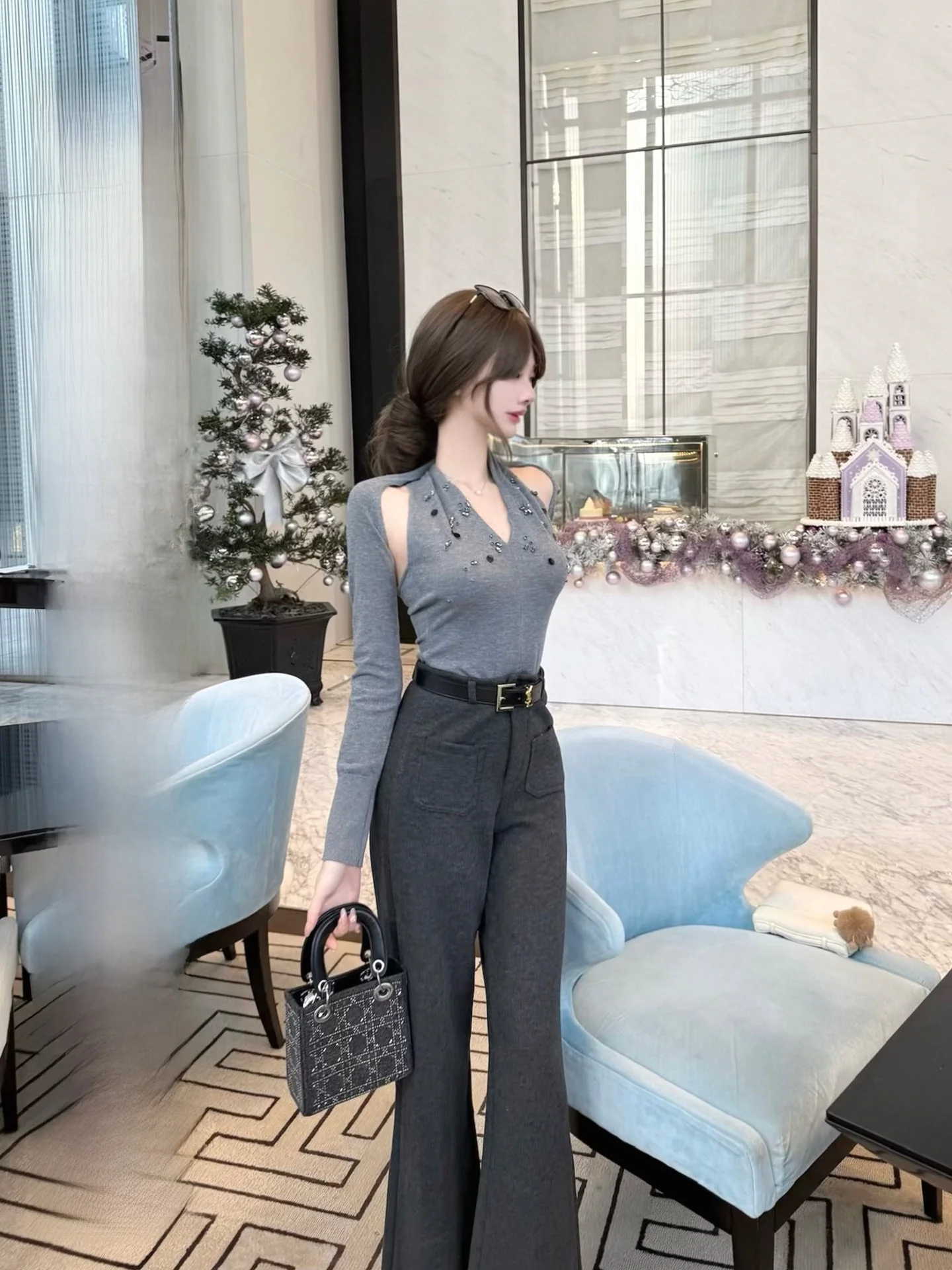 

CCZEE Evening Glimmer Design Diamond Bal Knitted Top Women Slim Long Sve V-Ne Pullover Faionable Ba
