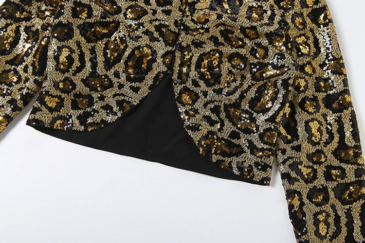 Weird Puss Leopardenmuster-Paillettenjacke für Damen, modisch, einreihig, lange Ärmel, Herbsttrend, Hottie Street Party Crop-Übermantel – Detail 10