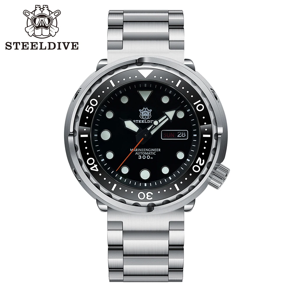 STEELDIVE SD1975W Mặt Số Đen Ngày Và Chức Năng Ngày NH36 Tự Động Chuyển Động 47.5Mm Siêu Dạ Quang 300M Chống Nước Cá Ngừ Có Thể đồng Hồ