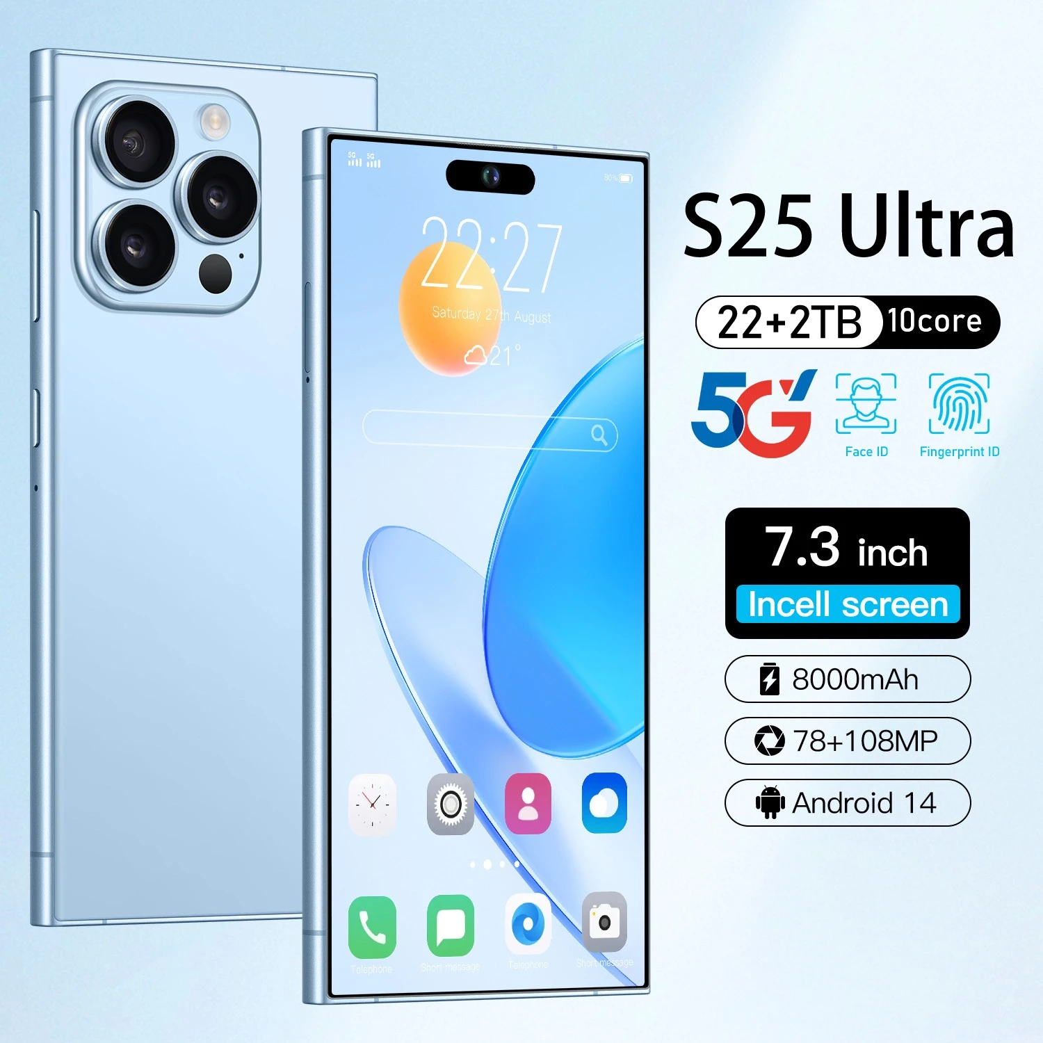 

Оригинальный смартфон S25 Ultra, телефон с диагональю 7,3 дюйма, HD, 22G +, телефон с двумя SIM-картами, мобильные телефоны с камерой 78 + 108 МП, 8000 мАч, Android 14, разблокированный телефон