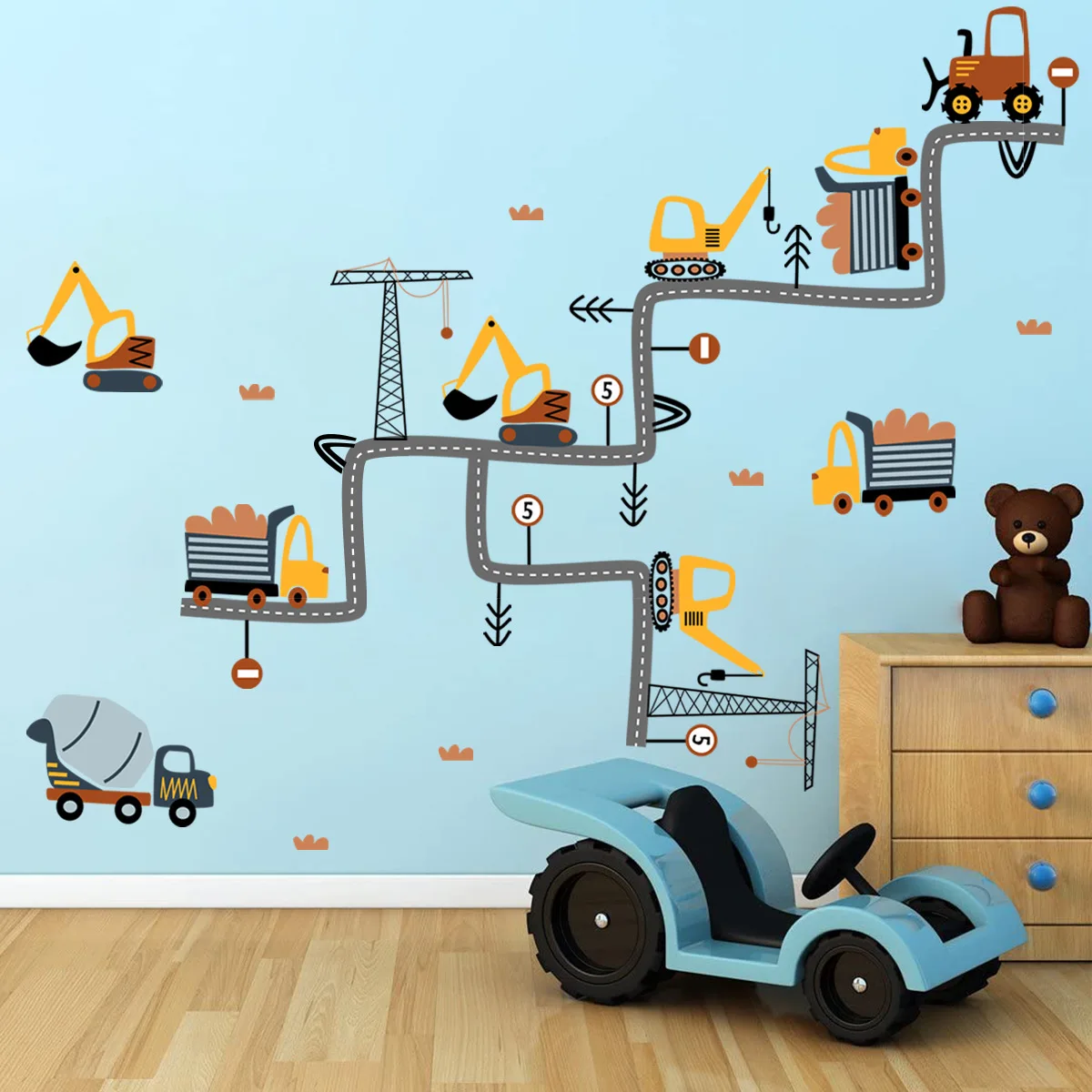 2pcs Cartoon Engineering Vehicle Excavator Road Wall Sticker Kindergarten Children's Room Bedroom Decor Pvc Mural Wall Stickers