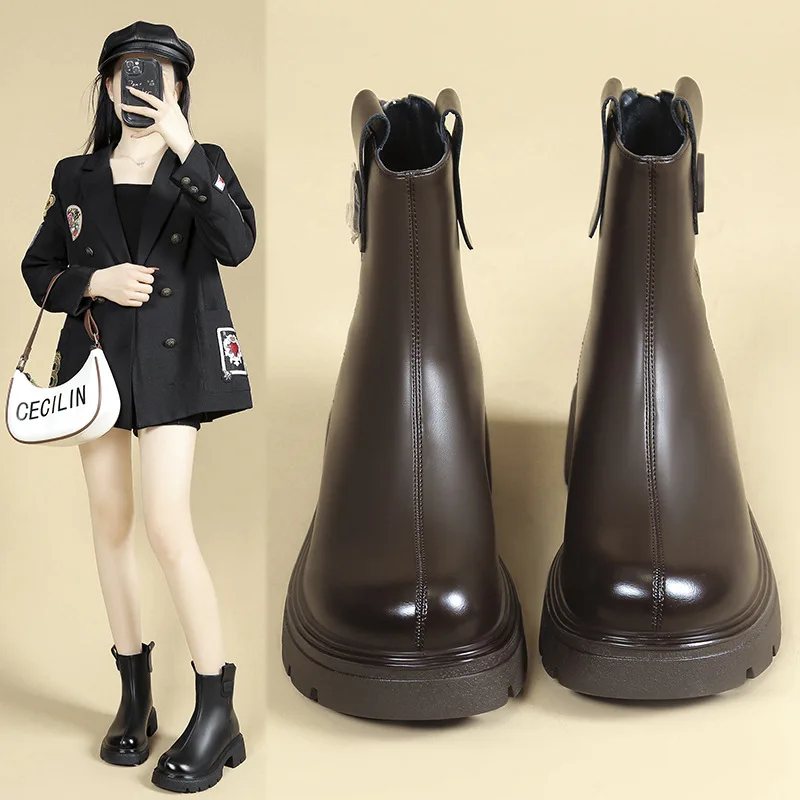 

New Women Ankle Boots Fashion Female Square Heel Low-Heel Shoes Lady Boots Leather Woman Low-heel Ankle Boots